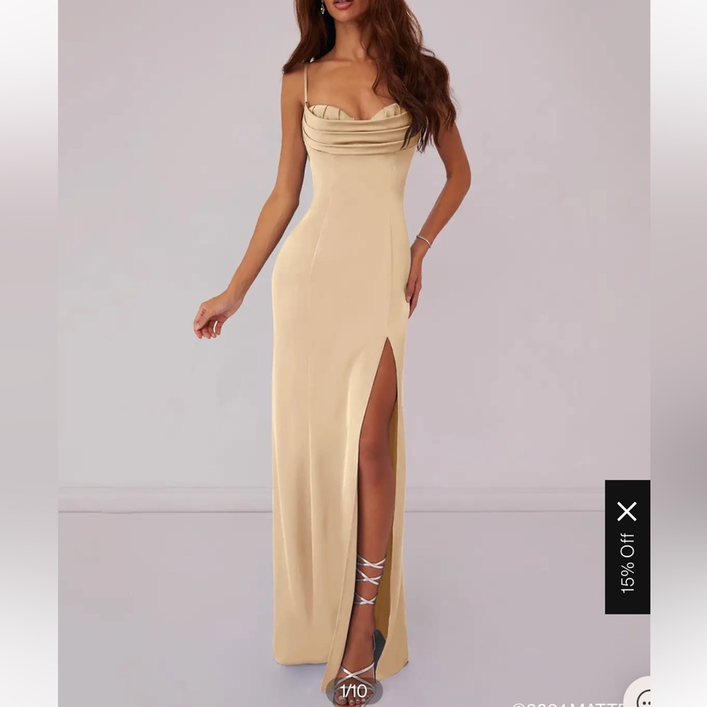 Azazie neutral champagne satin/silk dress! Size 2, fits like a small